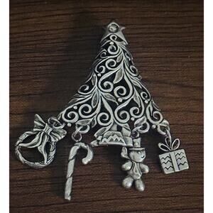 Vintage Jezlaine Sterling Silver Scroll Christmas Tree Dangle Charms Brooch Pin